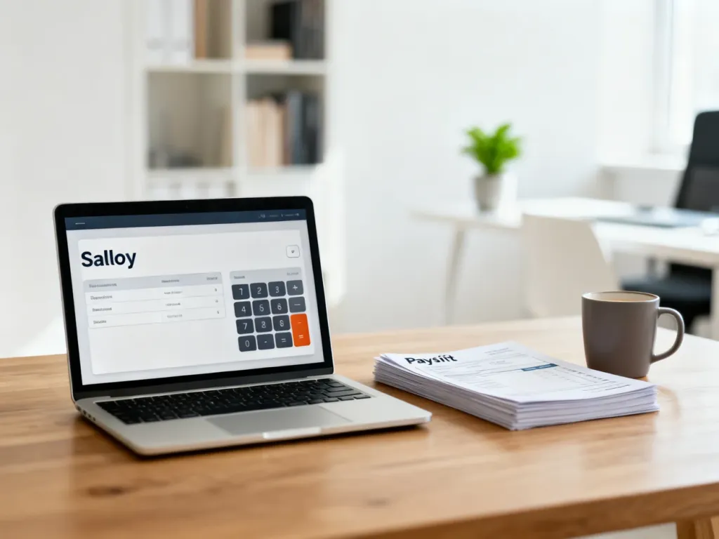 Laptop z prostym kalkulatorem wynagrodzeń na biurku obok odcinków pensji, w jasnym domowym biurze.