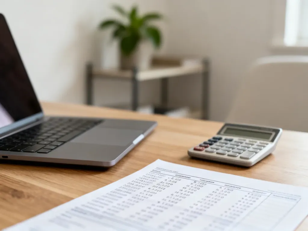 Laptop, kalkulator i wydruk przypominający pasek wypłaty na biurku – obliczanie wynagrodzenia brutto na netto.