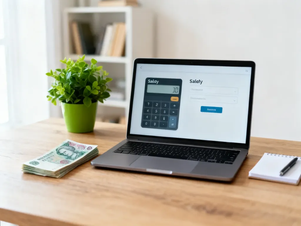 Laptop z prostym kalkulatorem wynagrodzeń obok pliku polskich banknotów na biurku w przytulnym domowym biurze.