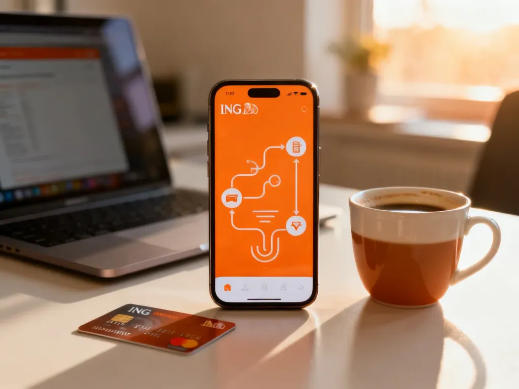 Smartfon z aplikacją bankową, kartą płatniczą i kawą na biurku, ilustrujący proces wykonywania przelewów bankowych.
