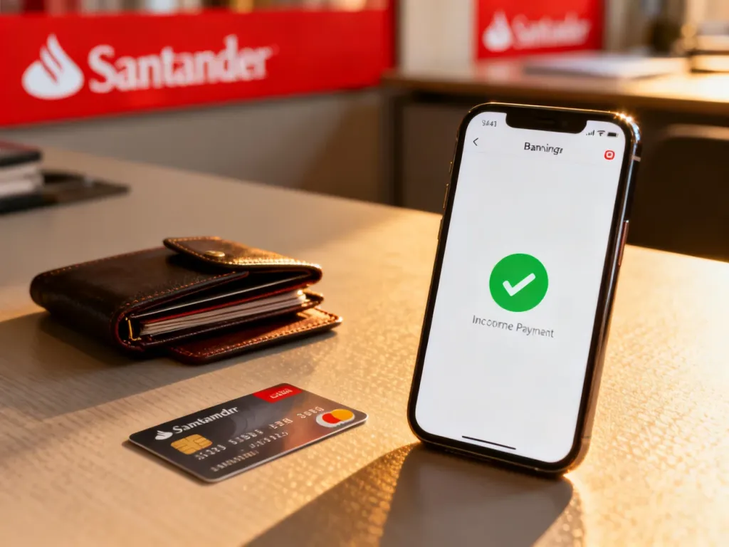 Smartfon z powiadomieniem o przelewie przychodzącym, kartą płatniczą i portfelem na biurku.