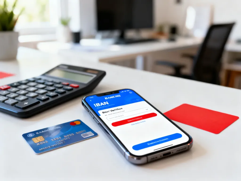 Smartfon z aplikacją bankową, karta płatnicza i kalkulator na biurku, ilustrujące proces weryfikacji numeru IBAN.