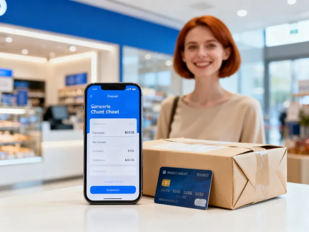 Smartfon z interfejsem płatności, karta oraz paczka zakupowa, symbolizujące wygodne zakupy z usługą Klarna.