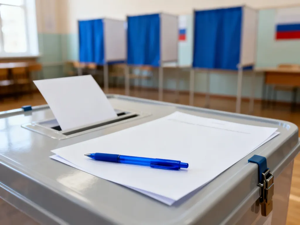 Przezroczysta urna wyborcza z kartami do głosowania i długopisem w lokalu wyborczym.