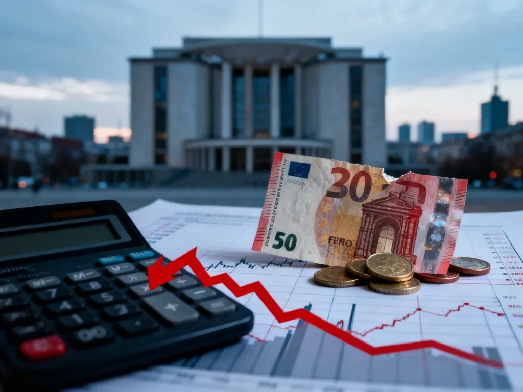 Banknoty euro i monety obok słabnącej waluty krajowej na tle wykresu spadkowego, symbolizujące proces dewaluacji.
