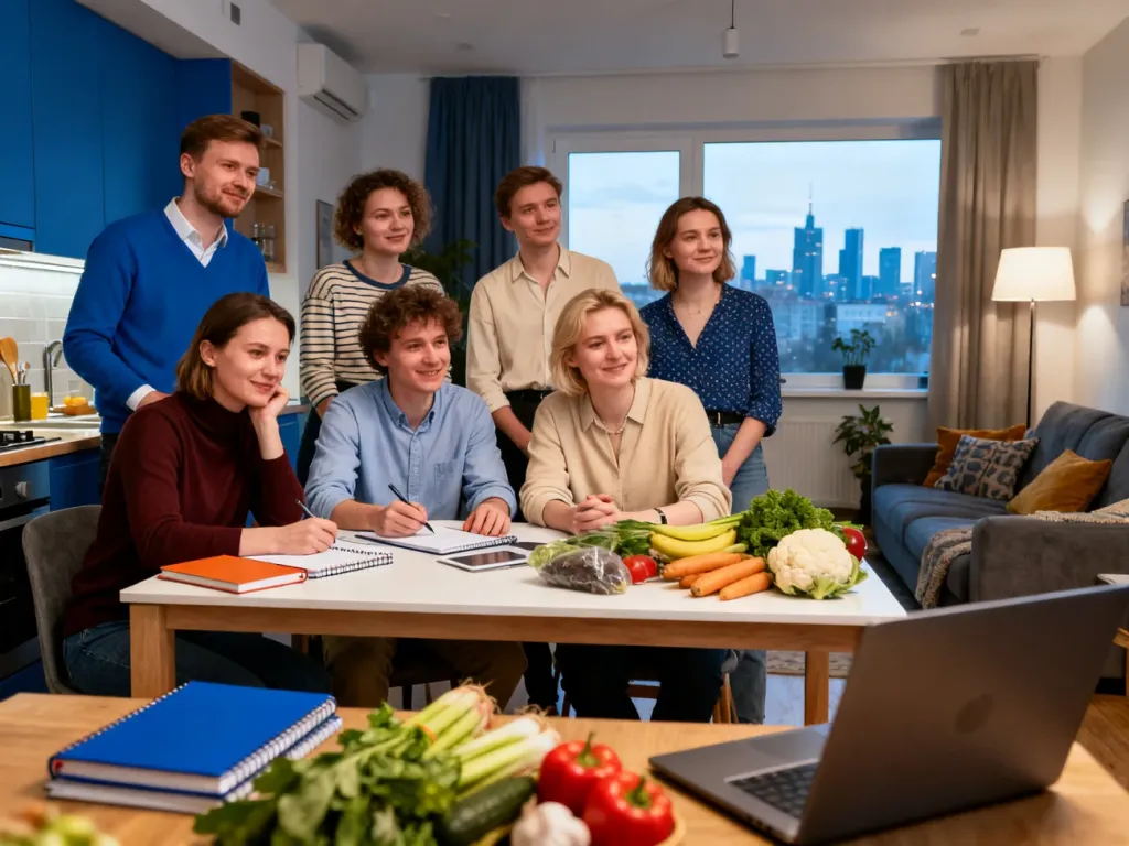 Zróżnicowana grupa osób przy stole w nowoczesnym mieszkaniu, symbolizująca codzienne życie polskiej klasy średniej.
