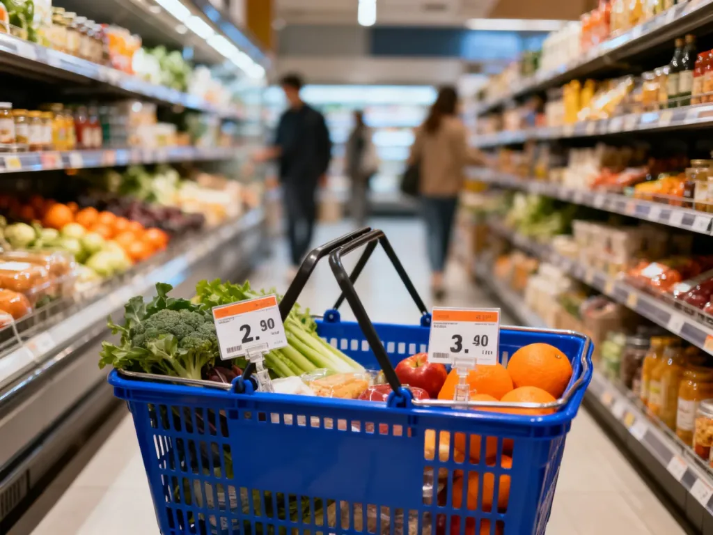 Koszyk z zakupami i etykiety cenowe w supermarkecie, symbolizujące mechanizm popytu konsumenckiego.