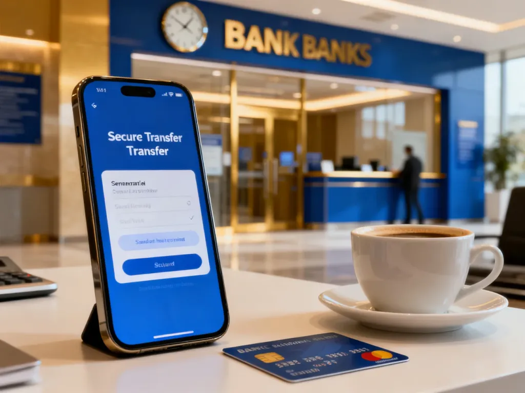 Smartfon z interfejsem przelewu bankowego, karta płatnicza i filiżanka kawy na biurku, symbolizujące szybkie płatności online.