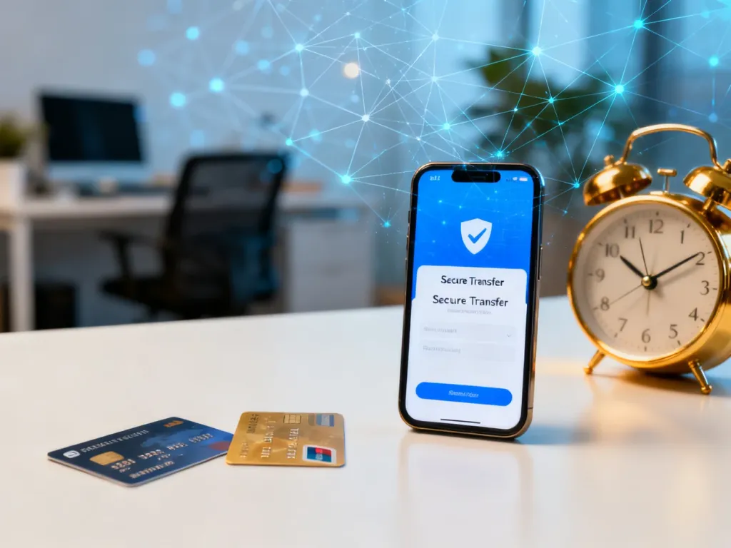 Smartfon z interfejsem przelewu bankowego, karty płatnicze i zegar na biurku, symbolizujące szybkość transakcji online.