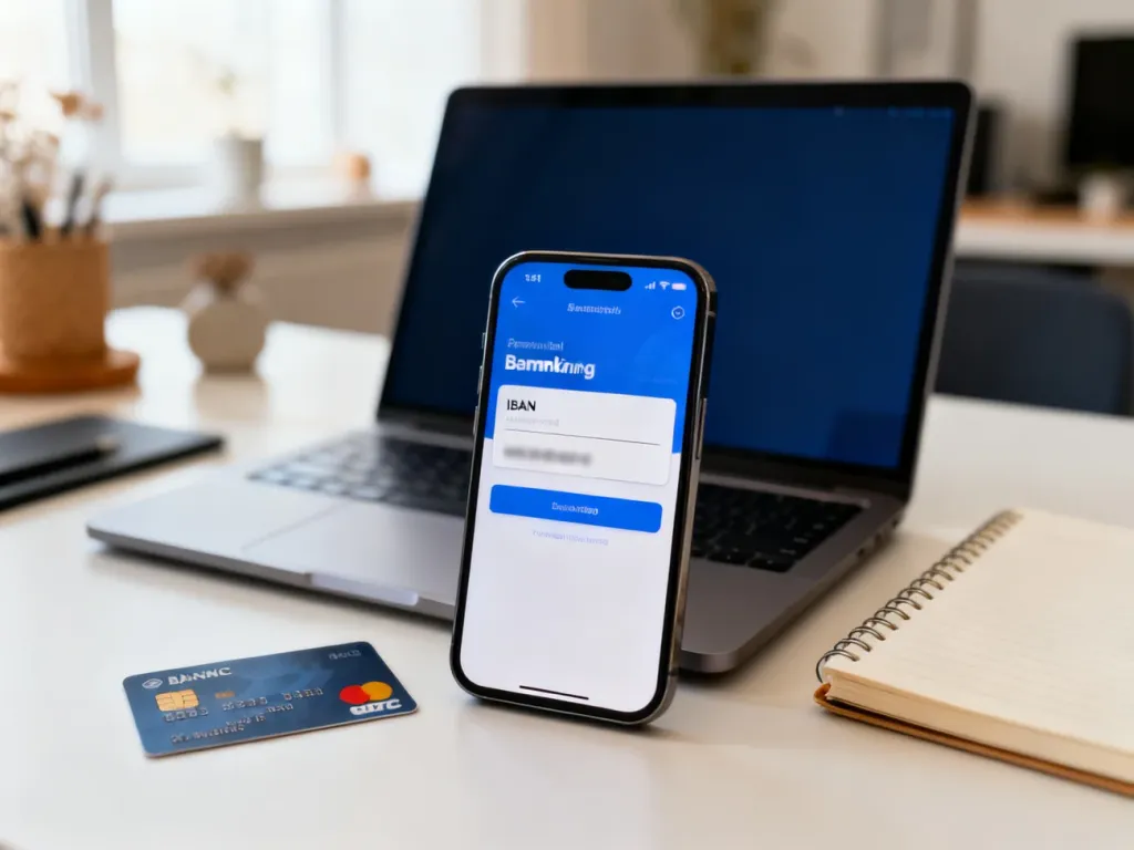 Smartfon i laptop z otwartą aplikacją bankową oraz karta płatnicza na biurku, ilustrujące proces sprawdzania numeru IBAN.