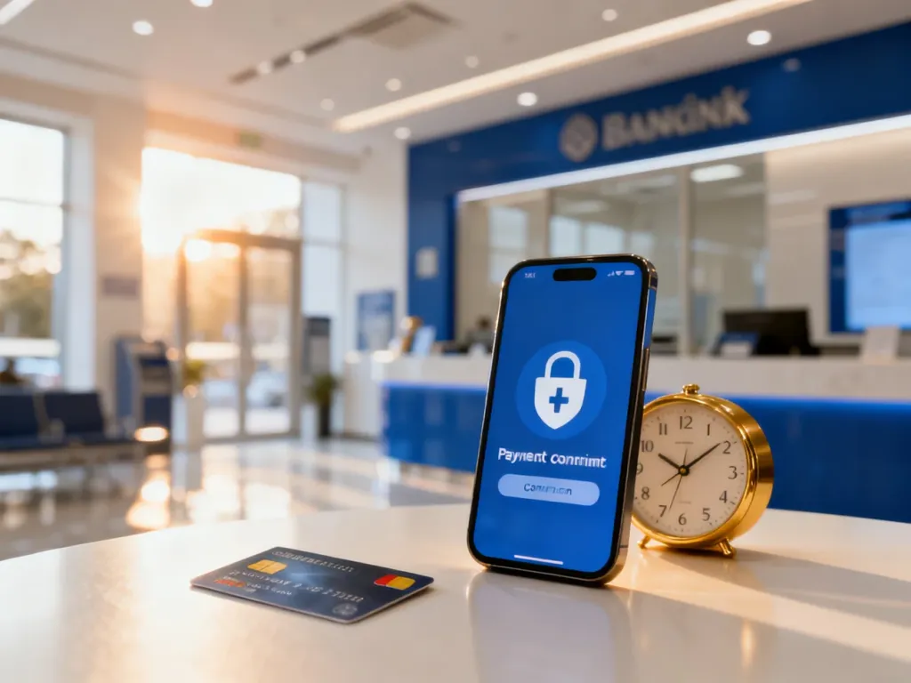 Smartfon z ikoną płatności, karta płatnicza i zegar na tle nowoczesnego wnętrza banku, symbolizujące przelewy przychodzące.